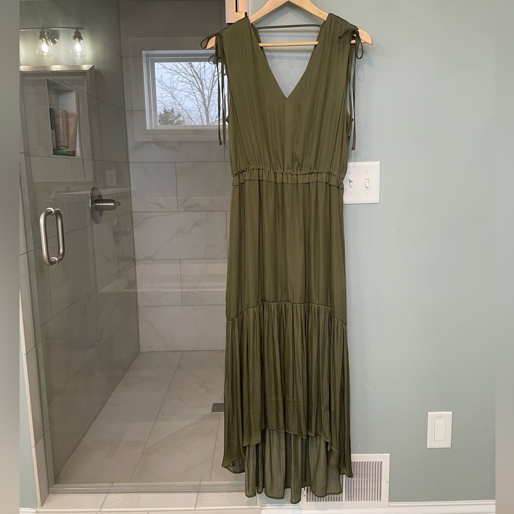 NWT Banana Republic Olive Green Satin High-Low Dress 6